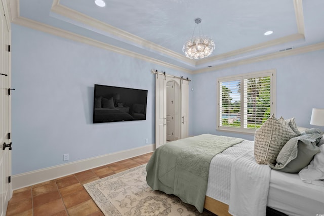 9737 Catalonia Ct, Myrtle Beach, SC 29579 - bedroom featuring a raised ceiling, a barn door, crown molding, a chandelier, and recessed lighting