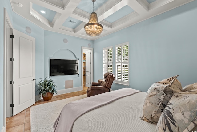 9737 Catalonia Ct, Myrtle Beach, SC 29579 - bedroom featuring coffered ceiling, light tile patterned flooring, beam ceiling, and crown molding