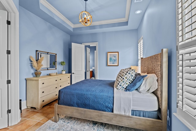9737 Catalonia Ct, Myrtle Beach, SC 29579 - bedroom with a chandelier, tile patterned floors, a raised ceiling, ornamental molding, and recessed lighting