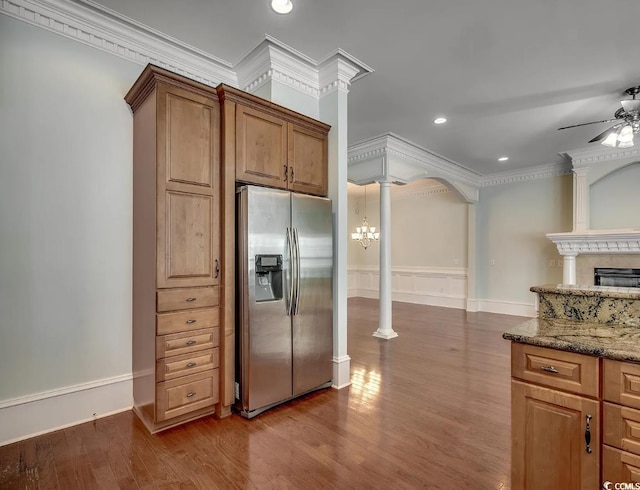 1613 James Island Ave, North Myrtle Beach, SC 29582 - kitchen featuring stainless steel fridge, ornate columns, crown molding, ceiling fan, and dark wood-style floors