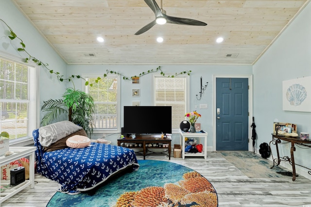 10071 Kings Rd, Myrtle Beach, SC 29572 - bedroom with wooden ceiling, multiple windows, wood finished floors, lofted ceiling, and recessed lighting