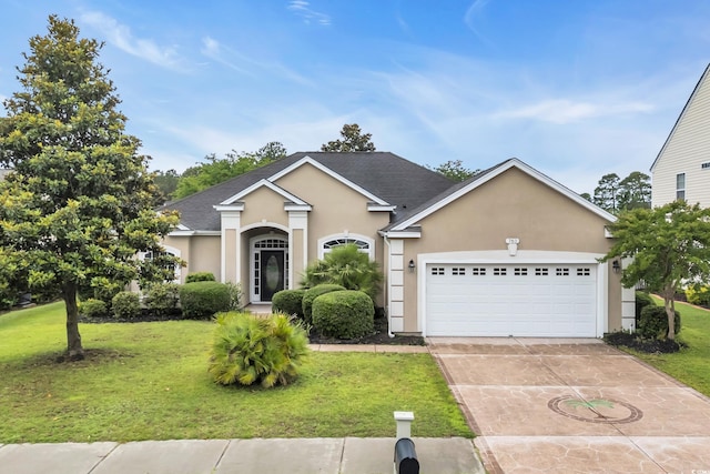 760 Carolina Farms Blvd, Myrtle Beach, SC 29579 - view of front facade with stucco siding, a garage, a front lawn, driveway, and a shingled roof