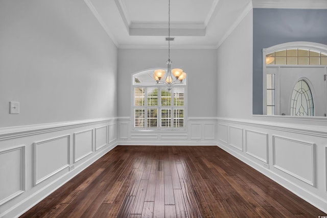 760 Carolina Farms Blvd, Myrtle Beach, SC 29579 - unfurnished dining area featuring a chandelier, a wainscoted wall, dark wood finished floors, a tray ceiling, and ornamental molding
