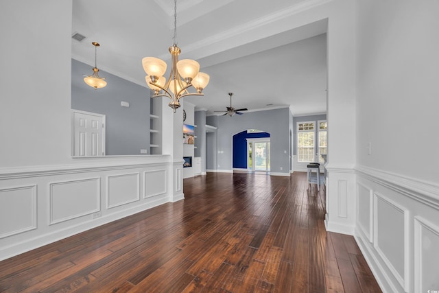 760 Carolina Farms Blvd, Myrtle Beach, SC 29579 - unfurnished living room with a ceiling fan, a chandelier, ornamental molding, dark wood-style floors, and built in shelves