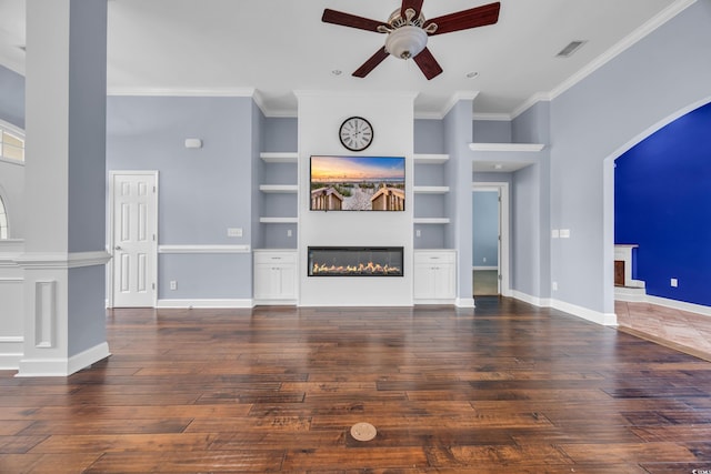 760 Carolina Farms Blvd, Myrtle Beach, SC 29579 - unfurnished living room featuring a fireplace, ceiling fan, built in features, wood-type flooring, and crown molding