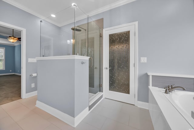 760 Carolina Farms Blvd, Myrtle Beach, SC 29579 - full bath featuring crown molding, a bath, a shower stall, and ceiling fan