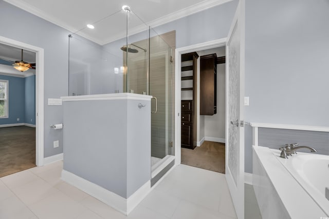 760 Carolina Farms Blvd, Myrtle Beach, SC 29579 - bathroom featuring ornamental molding, a bath, a shower stall, ceiling fan, and recessed lighting