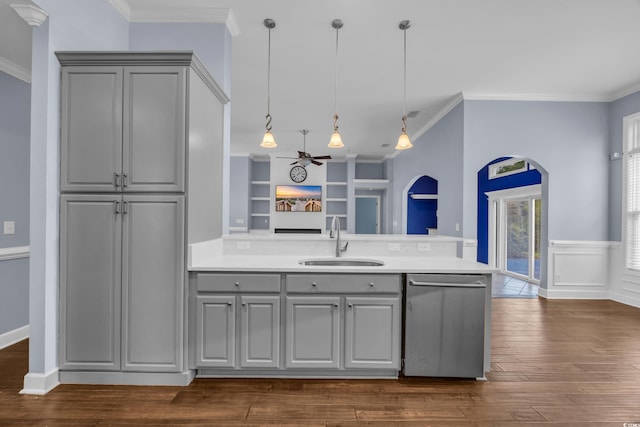 760 Carolina Farms Blvd, Myrtle Beach, SC 29579 - kitchen with gray cabinets, dishwasher, ceiling fan, dark wood-style flooring, and crown molding
