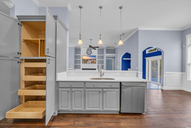 760 Carolina Farms Blvd, Myrtle Beach, SC 29579 - kitchen with stainless steel dishwasher, gray cabinets, a ceiling fan, open shelves, and crown molding