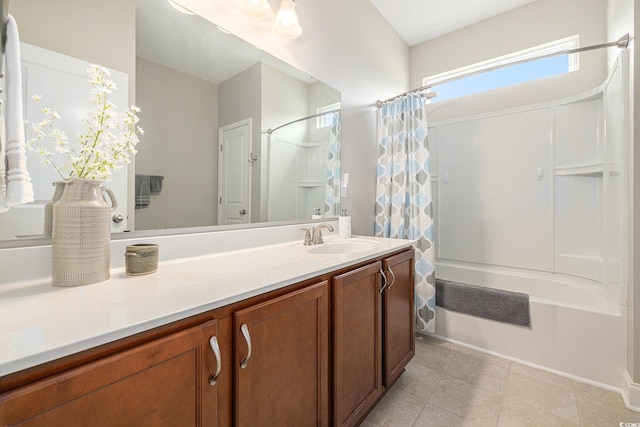 2010 Chattooga Ct, Myrtle Beach, SC 29588 - bathroom with shower / bathtub combination with curtain, vanity, and tile patterned floors