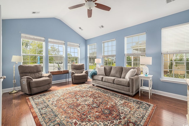 2010 Chattooga Ct, Myrtle Beach, SC 29588 - living room with ceiling fan, vaulted ceiling, and hardwood / wood-style flooring