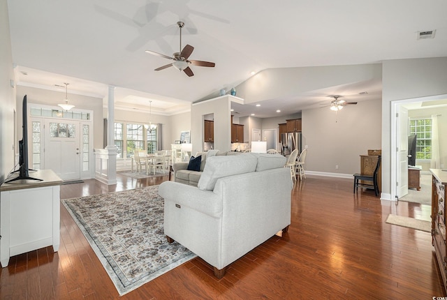 2010 Chattooga Ct, Myrtle Beach, SC 29588 - living room with a ceiling fan, lofted ceiling, dark wood-style floors, and decorative columns
