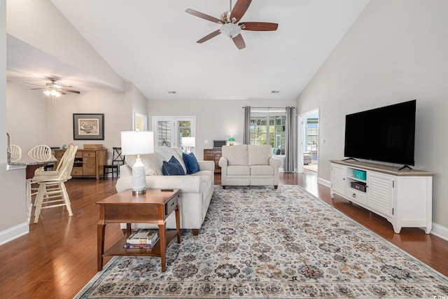 2010 Chattooga Ct, Myrtle Beach, SC 29588 - living room with ceiling fan, vaulted ceiling, and dark wood-type flooring