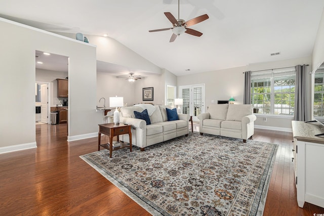 2010 Chattooga Ct, Myrtle Beach, SC 29588 - living area featuring a ceiling fan, dark wood-type flooring, and lofted ceiling