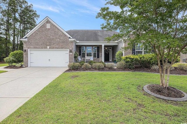 2010 Chattooga Ct, Myrtle Beach, SC 29588 - view of front facade featuring brick siding, an attached garage, a front lawn, a porch, and driveway