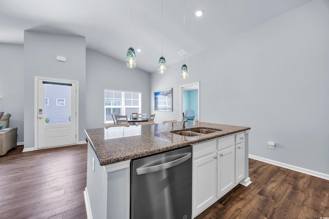 1520 Jardine Loop, Little River, SC 29566 - kitchen with stainless steel dishwasher, a kitchen island with sink, dark stone counters, dark wood-style floors, and decorative light fixtures