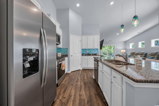 1520 Jardine Loop, Little River, SC 29566 - kitchen featuring stainless steel appliances, dark wood-style floors, white cabinets, decorative backsplash, and recessed lighting