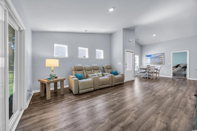 1520 Jardine Loop, Little River, SC 29566 - living area with vaulted ceiling, dark wood-style floors, and recessed lighting