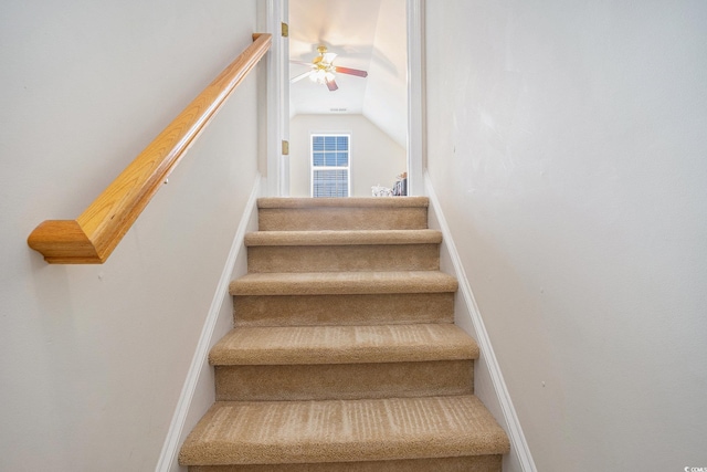364 Vesta Dr, Myrtle Beach, SC 29579 - stairway featuring vaulted ceiling and ceiling fan
