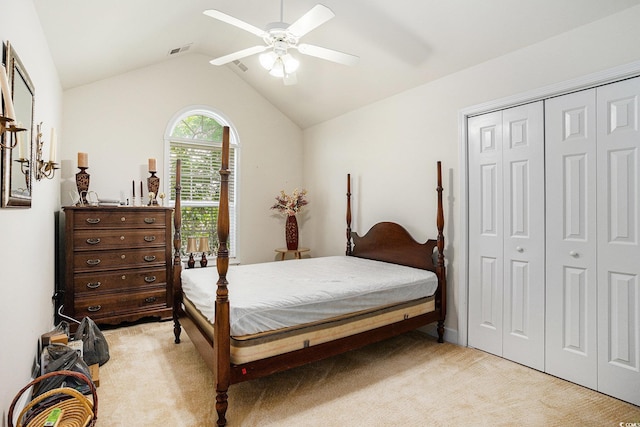 364 Vesta Dr, Myrtle Beach, SC 29579 - bedroom featuring light carpet, a closet, lofted ceiling, and a ceiling fan