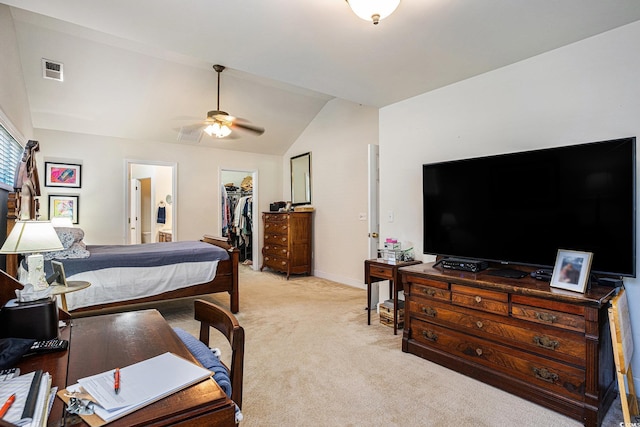 364 Vesta Dr, Myrtle Beach, SC 29579 - bedroom featuring light carpet, lofted ceiling, a walk in closet, a closet, and ceiling fan