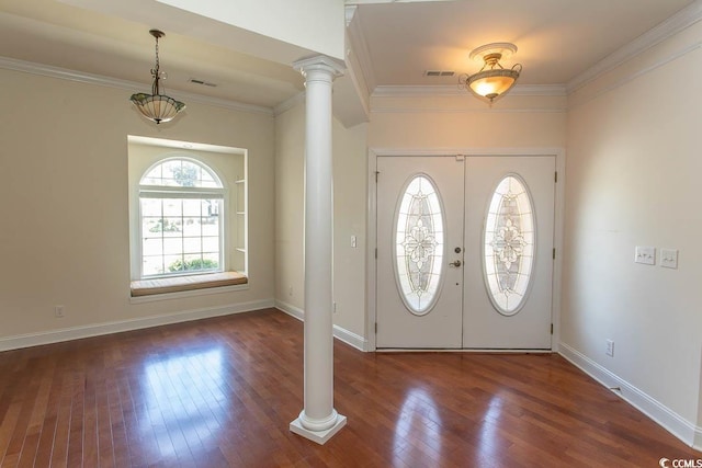 413 Sea Vista Ln, North Myrtle Beach, SC 29582 - foyer entrance featuring decorative columns, hardwood / wood-style flooring, crown molding, and french doors