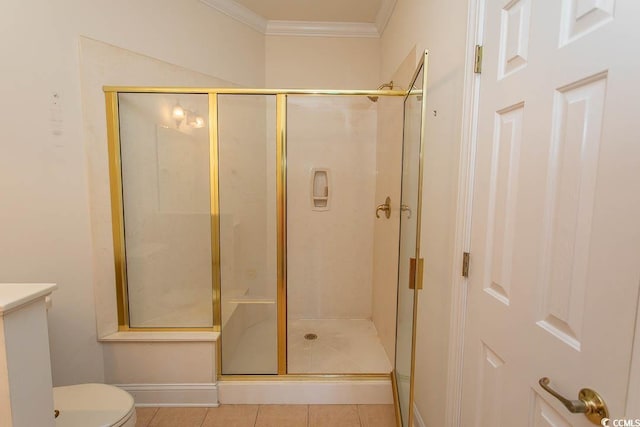 413 Sea Vista Ln, North Myrtle Beach, SC 29582 - full bathroom with crown molding, a shower stall, tile patterned floors, and vanity