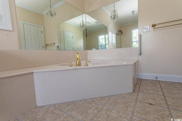 413 Sea Vista Ln, North Myrtle Beach, SC 29582 - bathroom featuring ornamental molding, a chandelier, vanity, and tile patterned flooring