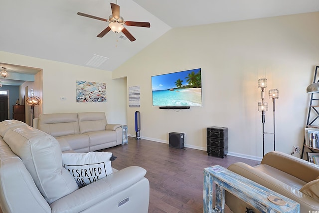 232 Angel Wing Dr, Myrtle Beach, SC 29588 - living area with a ceiling fan, dark wood-style floors, and high vaulted ceiling