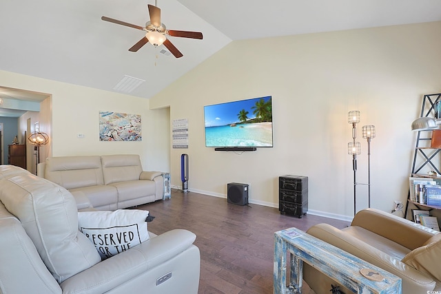 232 Angel Wing Dr, Myrtle Beach, SC 29588 - living room featuring ceiling fan, dark wood-style floors, and high vaulted ceiling
