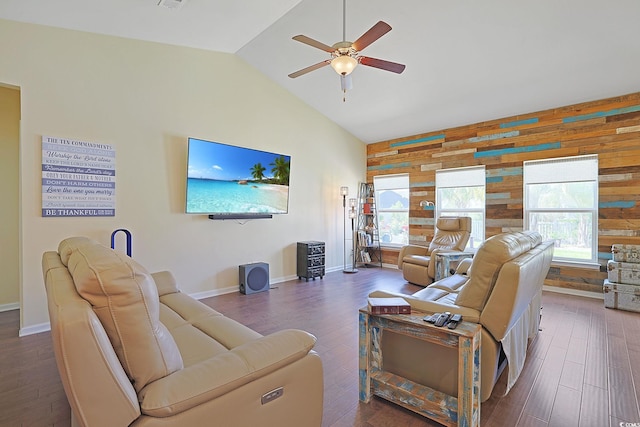 232 Angel Wing Dr, Myrtle Beach, SC 29588 - living area featuring ceiling fan, wood walls, wood finished floors, and vaulted ceiling