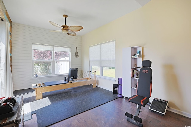 232 Angel Wing Dr, Myrtle Beach, SC 29588 - workout area with wood finished floors, a ceiling fan, and wood walls