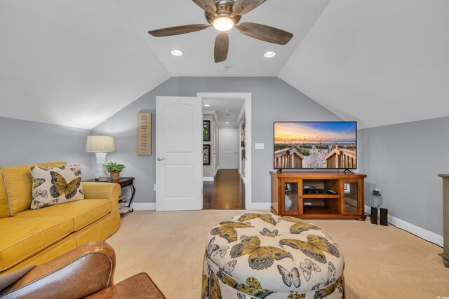 124 Turtle Creek Dr, Pawleys Island, SC 29585 - carpeted living area featuring lofted ceiling, a ceiling fan, and recessed lighting