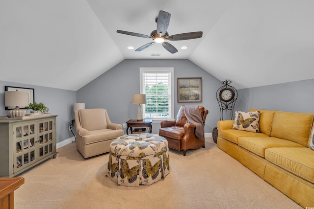 124 Turtle Creek Dr, Pawleys Island, SC 29585 - living area with carpet floors, a ceiling fan, and vaulted ceiling