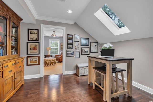 124 Turtle Creek Dr, Pawleys Island, SC 29585 - office area with a skylight, dark wood finished floors, recessed lighting, ornamental molding, and lofted ceiling