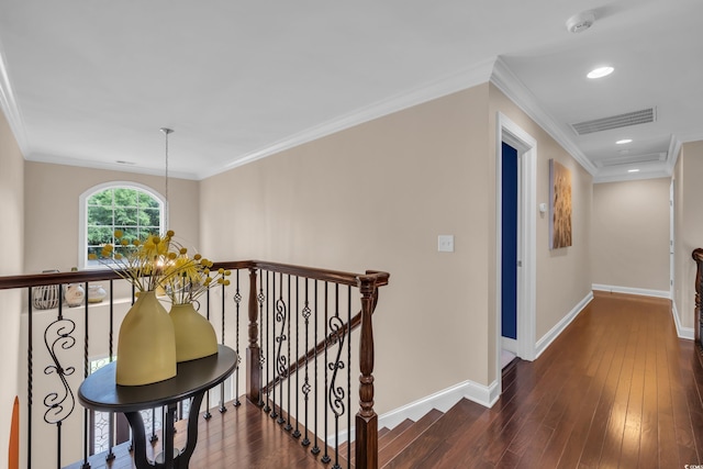 124 Turtle Creek Dr, Pawleys Island, SC 29585 - hallway with an upstairs landing, dark wood finished floors, ornamental molding, and recessed lighting