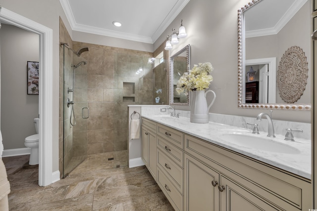 124 Turtle Creek Dr, Pawleys Island, SC 29585 - bathroom with double vanity, a stall shower, ornamental molding, and recessed lighting