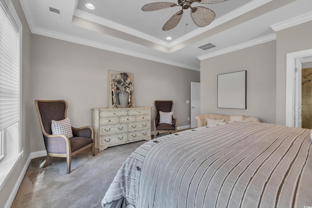 124 Turtle Creek Dr, Pawleys Island, SC 29585 - bedroom with carpet floors, crown molding, a tray ceiling, a ceiling fan, and recessed lighting
