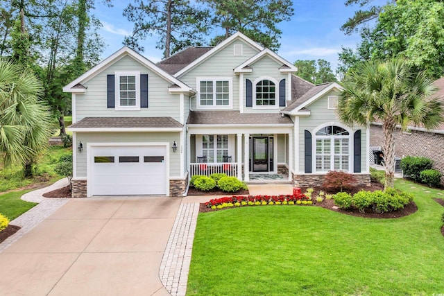 124 Turtle Creek Dr, Pawleys Island, SC 29585 - view of front of property with stone siding, a shingled roof, covered porch, a front yard, and concrete driveway