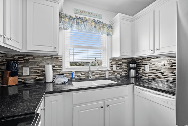 1217 S Ocean Blvd Unit 5, Surfside Beach, SC 29575 - kitchen featuring white dishwasher, white cabinets, tasteful backsplash, and stove
