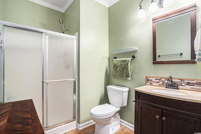 2000 Cross Gate Blvd Unit 202, Surfside Beach, SC 29575 - bathroom featuring crown molding, a stall shower, vanity, tasteful backsplash, and tile patterned floors