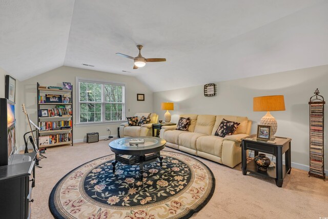 139 Olde Canal Loop, Pawleys Island, SC 29585 - living area with lofted ceiling, carpet floors, and ceiling fan