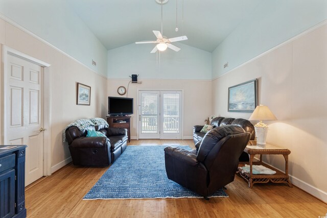 3307 Nixon St, North Myrtle Beach, SC 29582 - living room with ceiling fan, light wood finished floors, and high vaulted ceiling