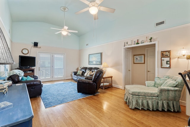 3307 Nixon St, North Myrtle Beach, SC 29582 - living area featuring ceiling fan, light wood-style floors, and high vaulted ceiling