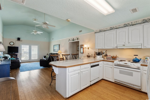 3307 Nixon St, North Myrtle Beach, SC 29582 - kitchen with white appliances, a peninsula, under cabinet range hood, light wood-style floors, and open floor plan