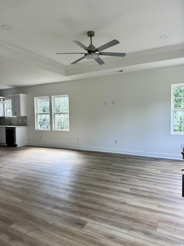 2075 Lees Landing Cir, Conway, SC 29526 - unfurnished living room featuring wood finished floors, ornamental molding, ceiling fan, and recessed lighting