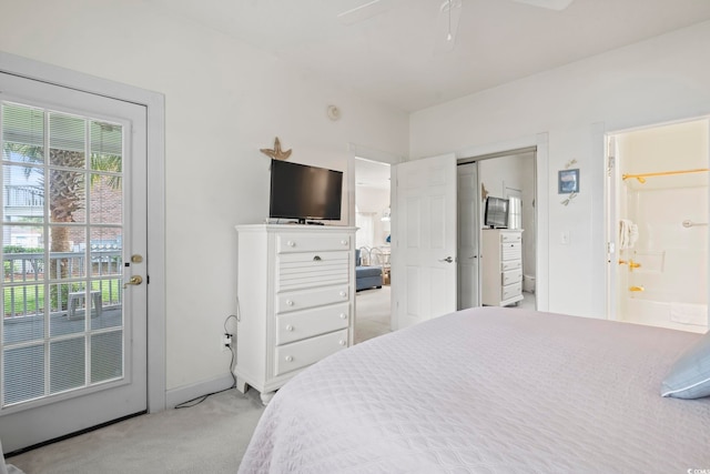 4261 Hibiscus Dr Unit 4-104, Little River, SC 29566 - bedroom with light colored carpet, access to outside, ensuite bath, and ceiling fan