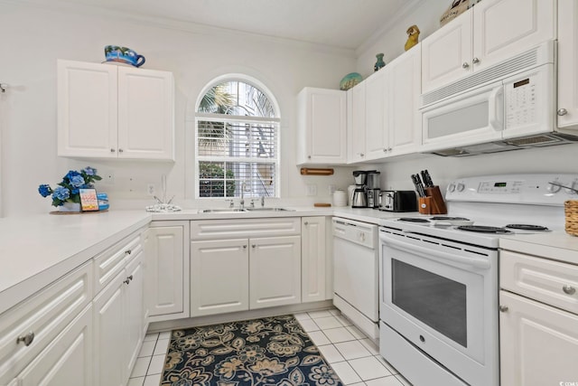 4261 Hibiscus Dr Unit 4-104, Little River, SC 29566 - kitchen featuring white appliances, ornamental molding, white cabinets, light countertops, and light tile patterned floors