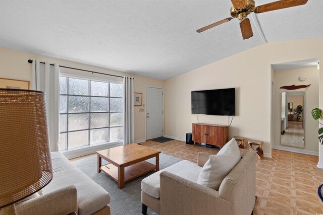 1145 Forest Dr, North Myrtle Beach, SC 29582 - living area featuring vaulted ceiling and a ceiling fan
