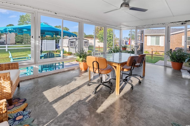 1145 Forest Dr, North Myrtle Beach, SC 29582 - sunroom with ceiling fan, finished concrete flooring, and outdoor dining space